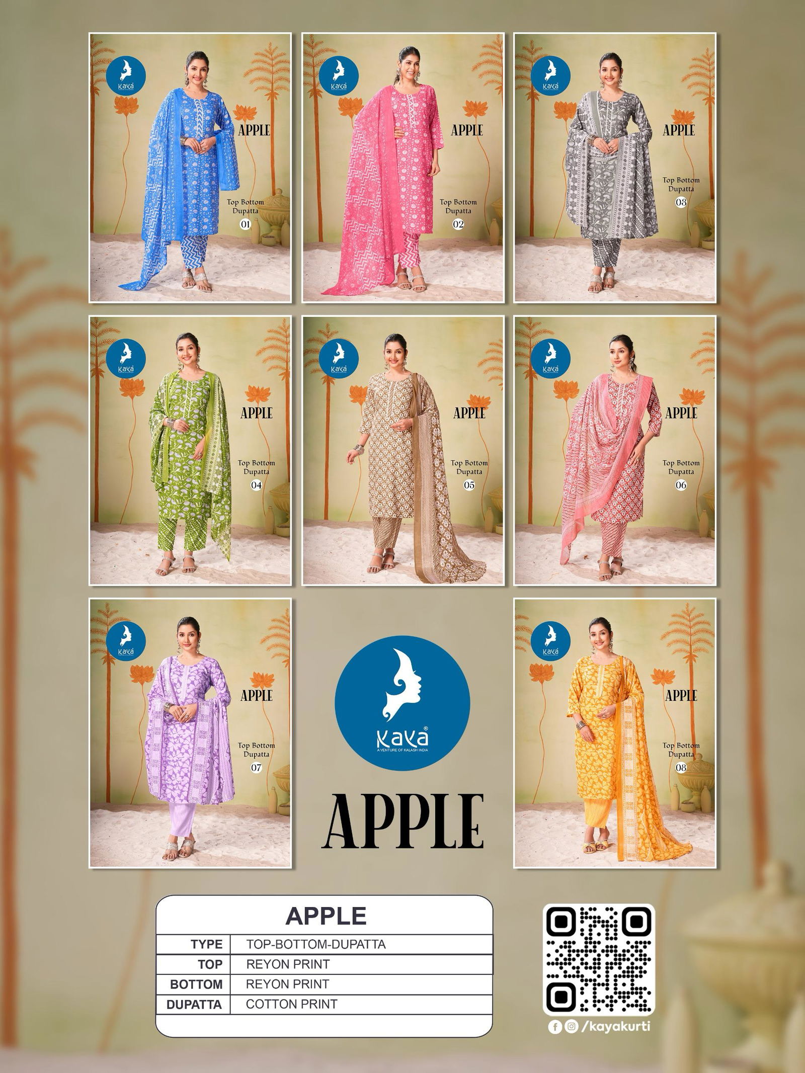 Apple By Kaya Rayon Printed Kurti With Bottom Dupatta Exporters In India